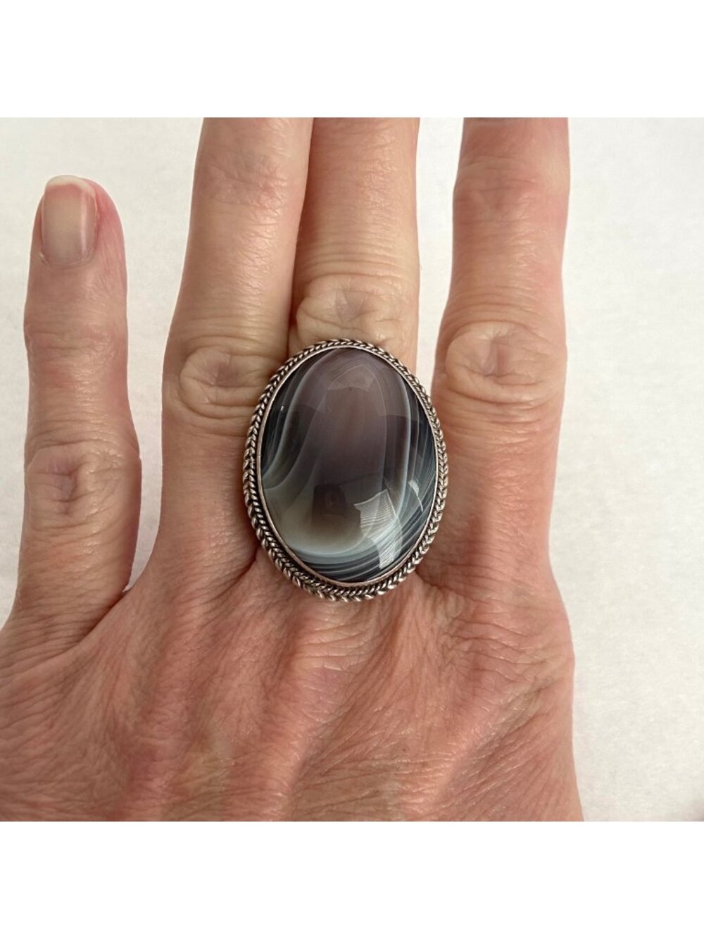 Sterling Silver 925 Large Oval Botswana Agate Ring Wide Adjustable Band Sz 9